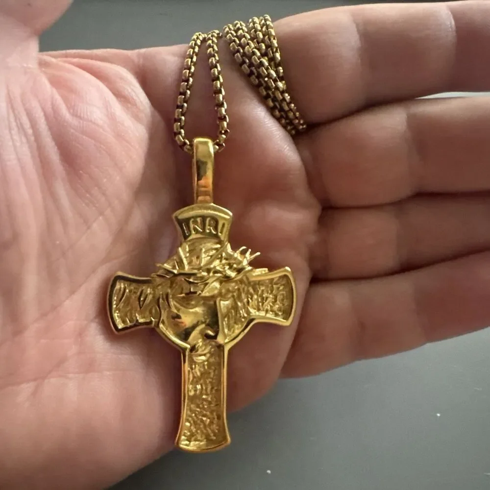 Gold Tone Jesus Christ Cross Pendant 24 Inch Chain Stainless Steel “inri” Gift